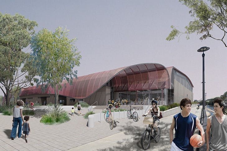 render of proposed recreation centre in green square